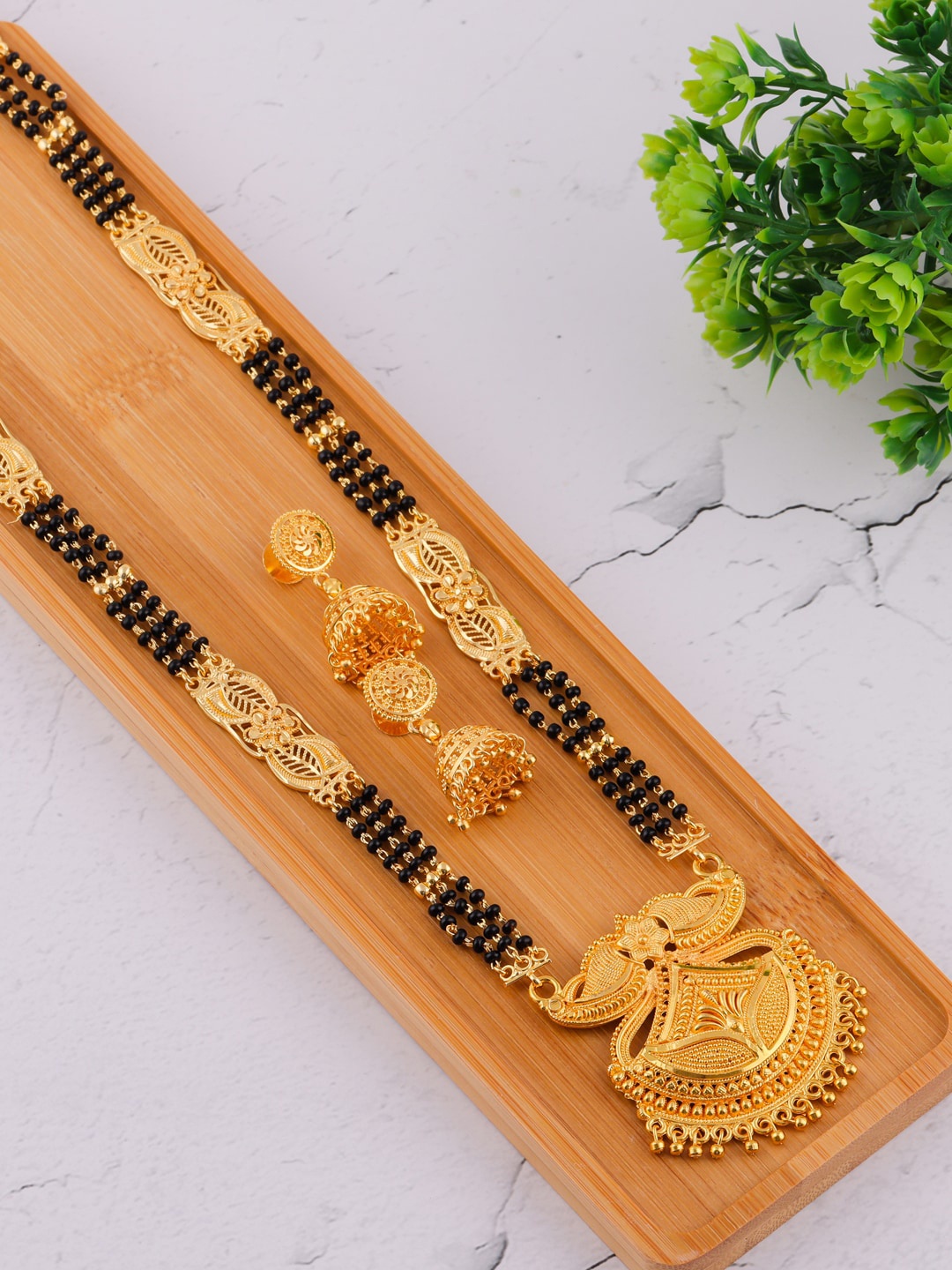 

Brandsoon Gold-Plated Black Beaded Mangalsutra Set