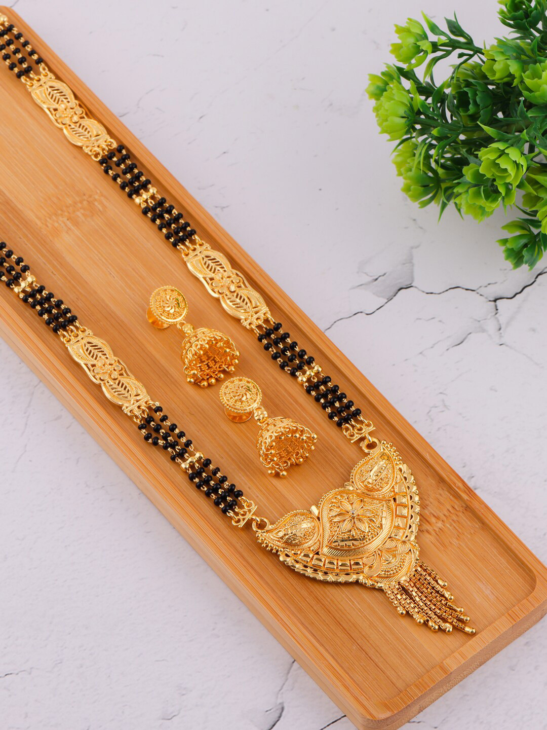 

Brandsoon Gold-Plated & Black Beaded Mangalsutra With Earrings