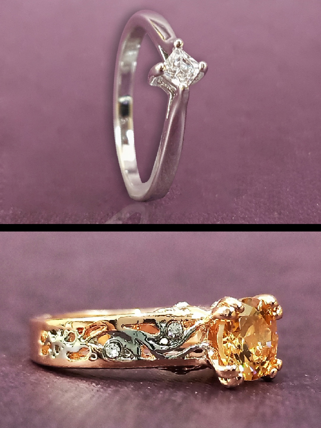 

OOMPH Set of 2 Rose Gold & Silver Toned White & Yellow CZ Studded Handcrafted Finger Rings