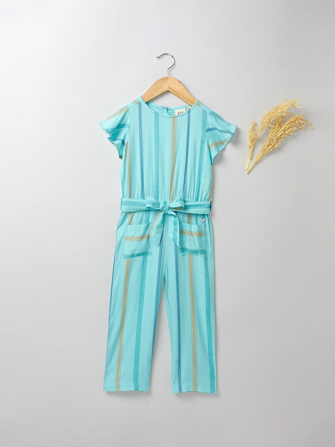 

Ed-a-Mamma Girls Blue & Brown Cotton Striped Basic Jumpsuit