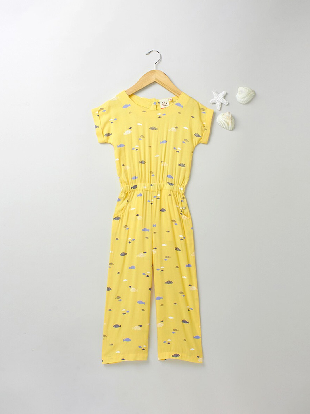 

Ed-a-Mamma Girls Yellow & Blue Printed Pure Cotton Sustainable Basic Jumpsuit