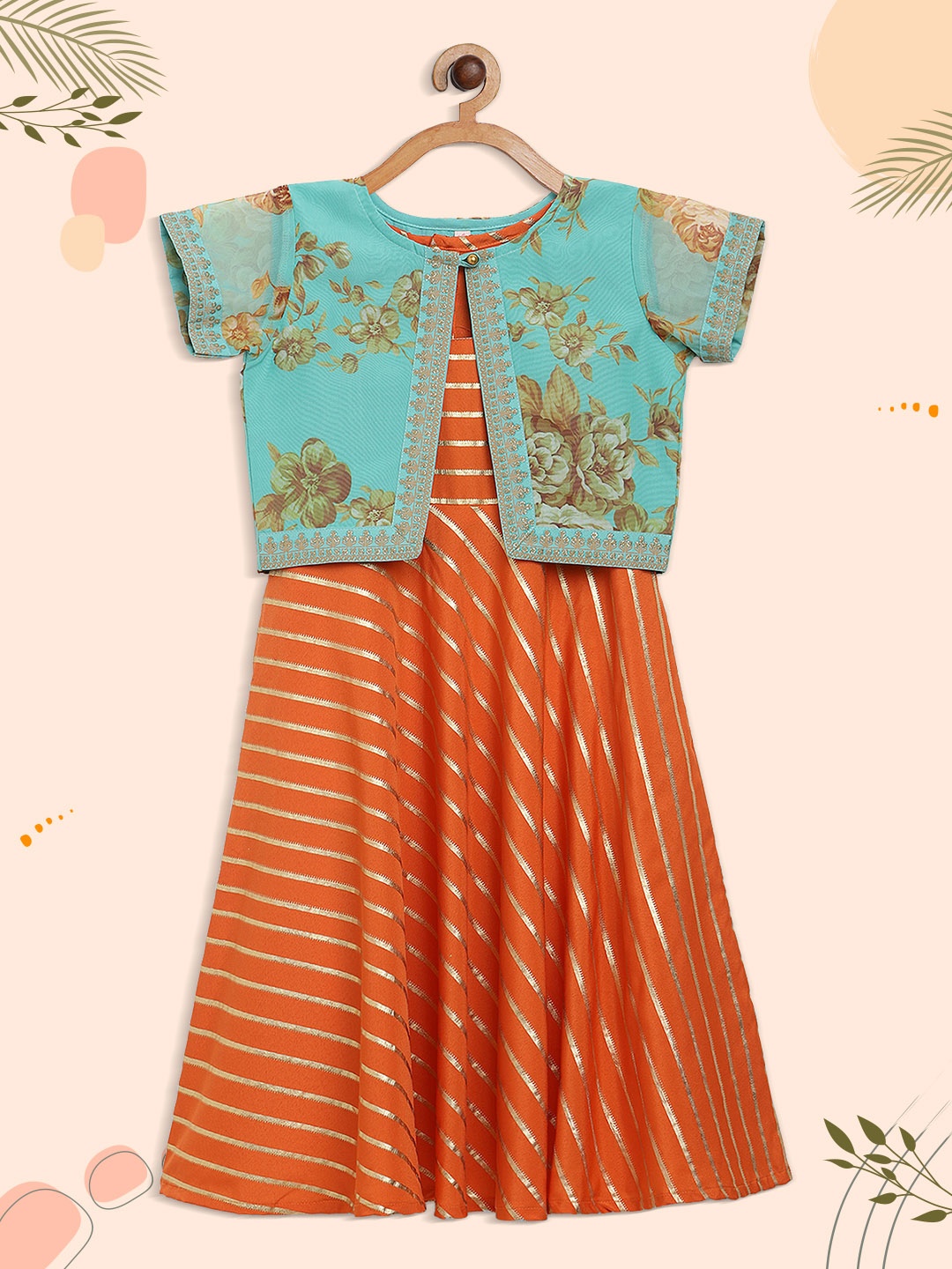 

Ahalyaa Girls Orange & Gold-Toned Striped A-Line Kurta with Jacket