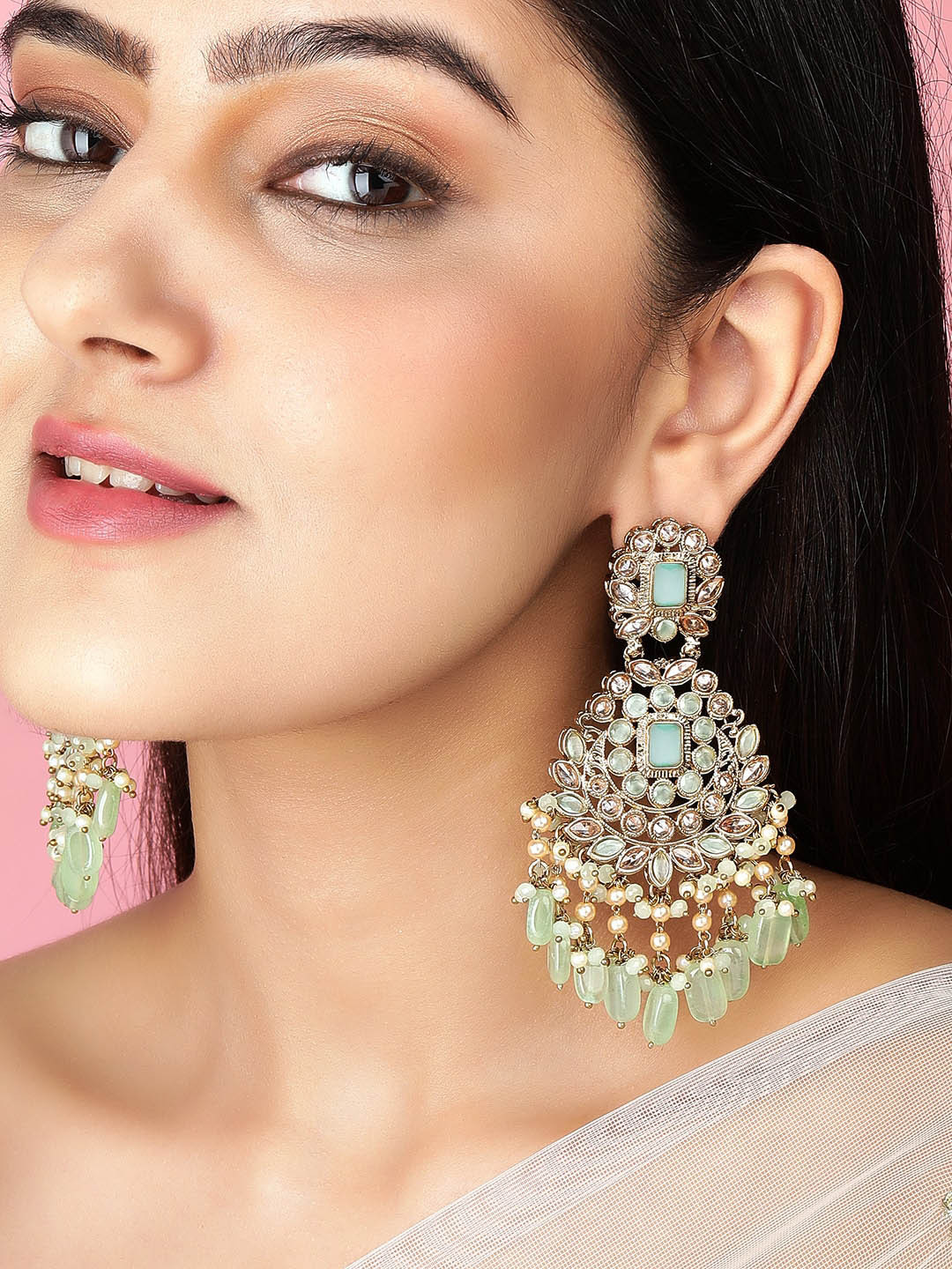 

Rubans Gold-Plated Green & White Crescent Shaped Chandbalis