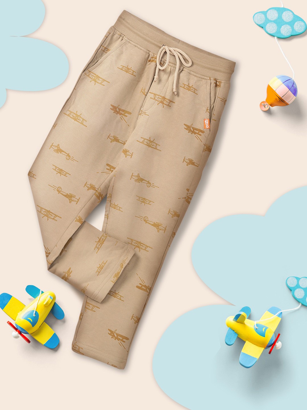 

You Got Plan B Boys Beige Printed Pure Cotton Track Pants