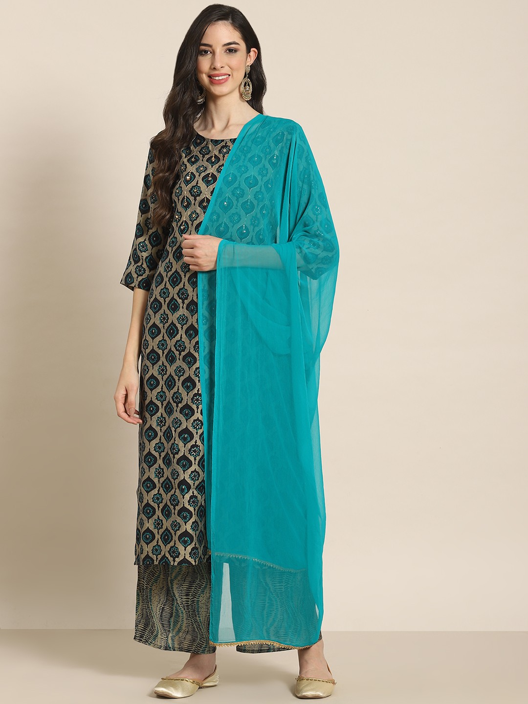 

Juniper Women Teal Blue Printed Regular Kurta with Palazzos & With Dupatta