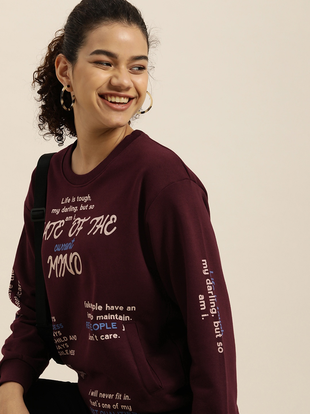 

Difference of Opinion Women Maroon Printed Oversized Sweatshirt