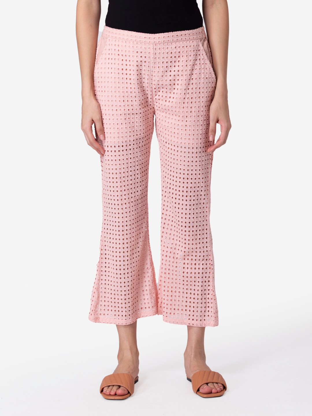 

Modriba Women Peach-Coloured Schiffli Palazzos