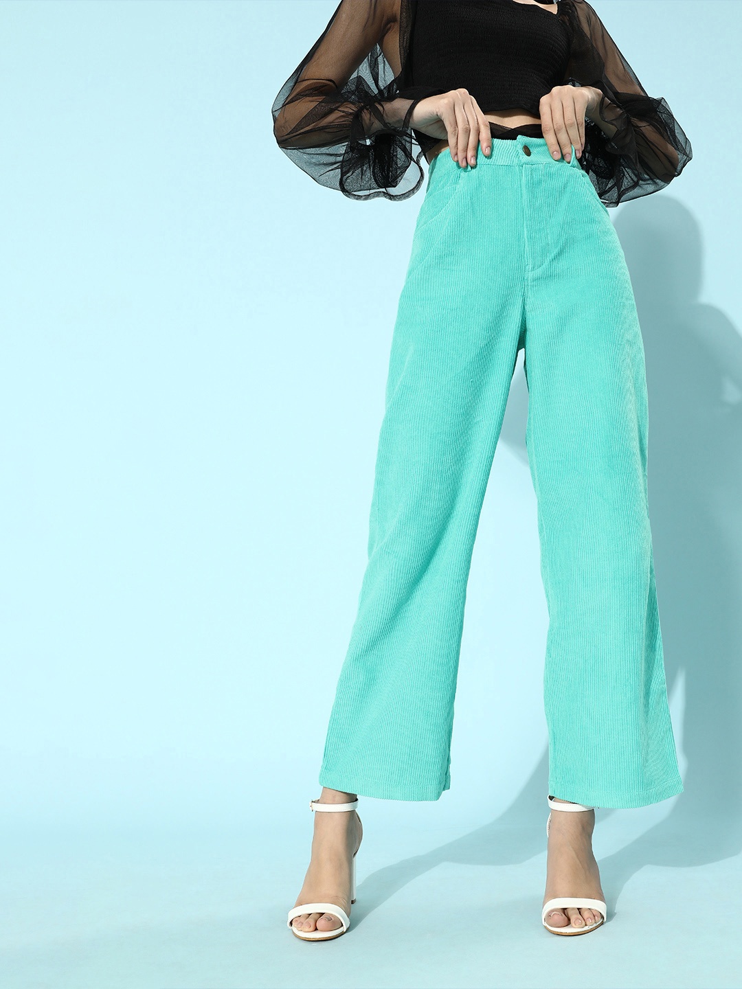 

SASSAFRAS Women Green Straight Fit High-Rise Corduroy Chinos Trousers