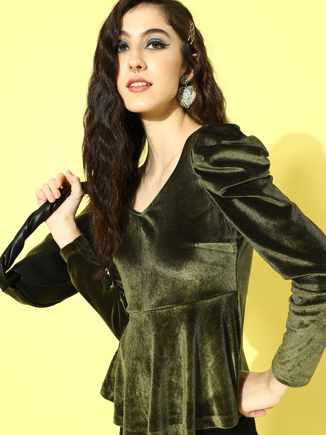 

SASSAFRAS Olive Green Velvet Regular Top