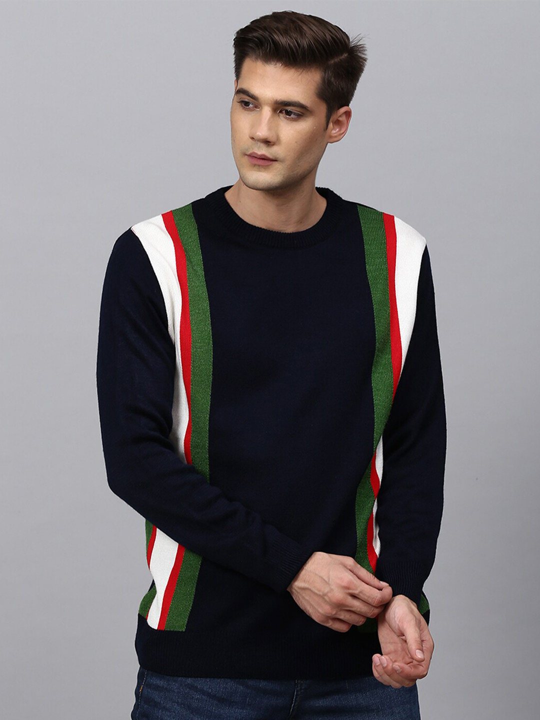 

Campus Sutra Men Navy Blue & White Wool Striped Pullover