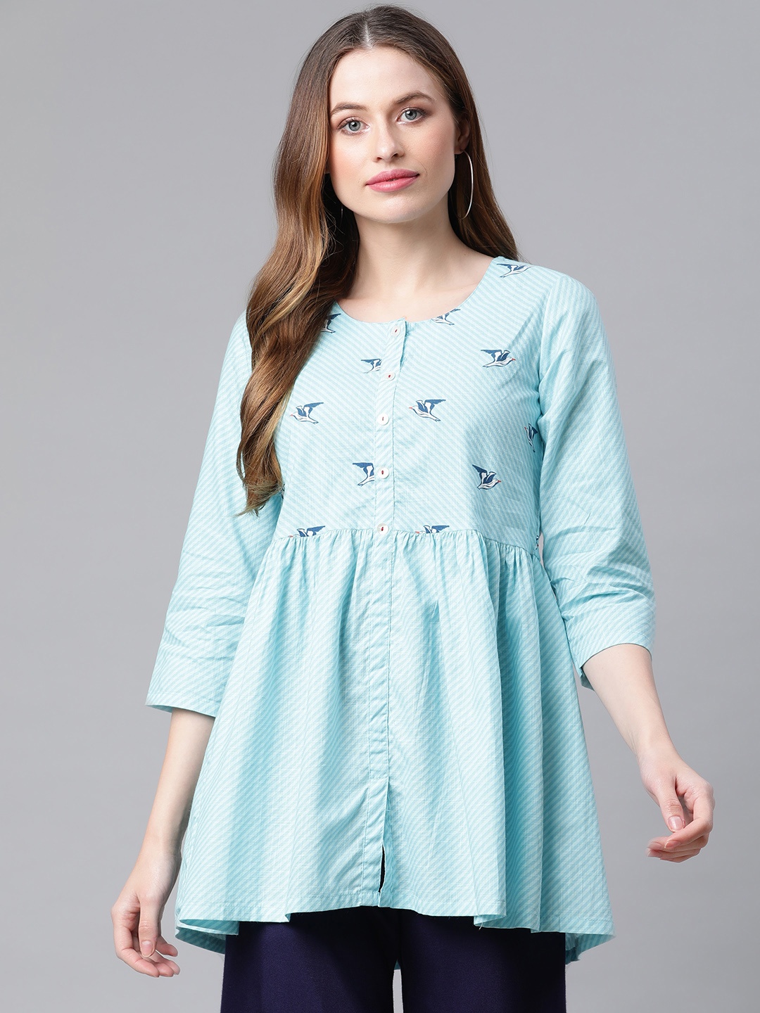 

Rangriti Women Blue Striped Pure Cotton Angrakha Anarkali Kurti