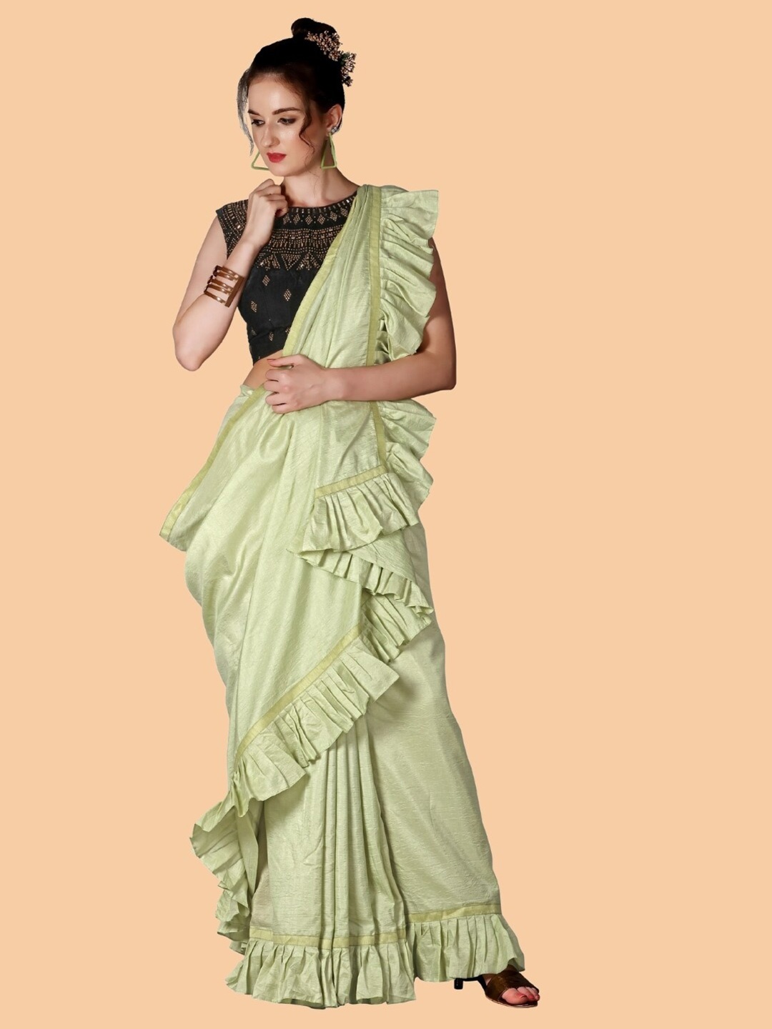 

Mitera Green Beads and Stones Silk Blend Saree