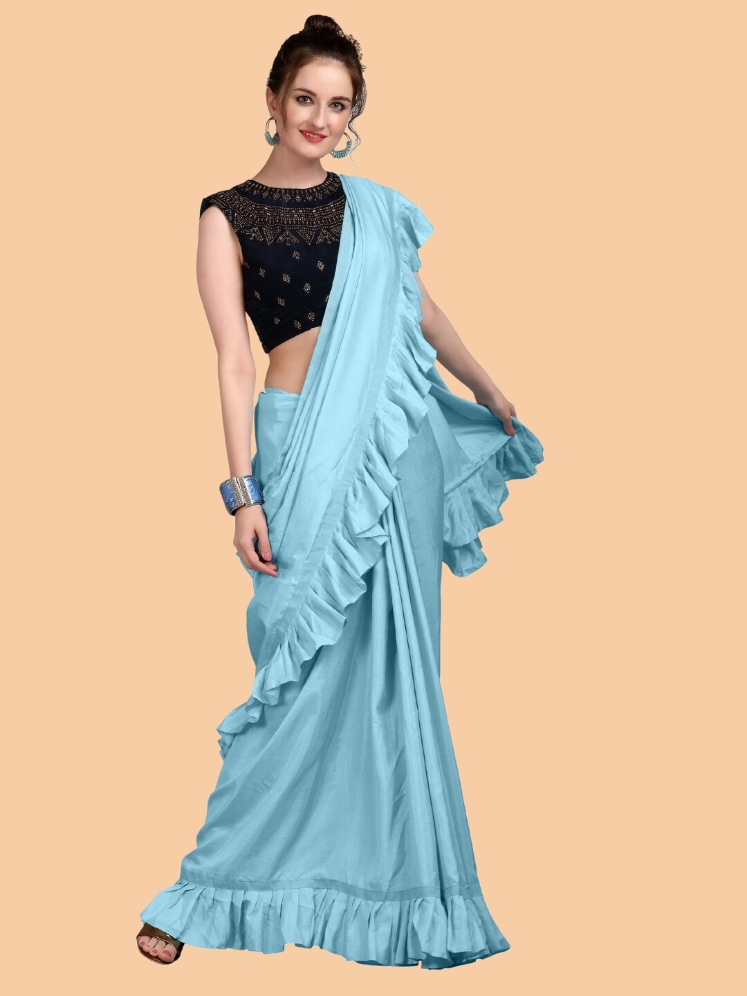 

Mitera Blue Beads and Stones Silk Blend Saree