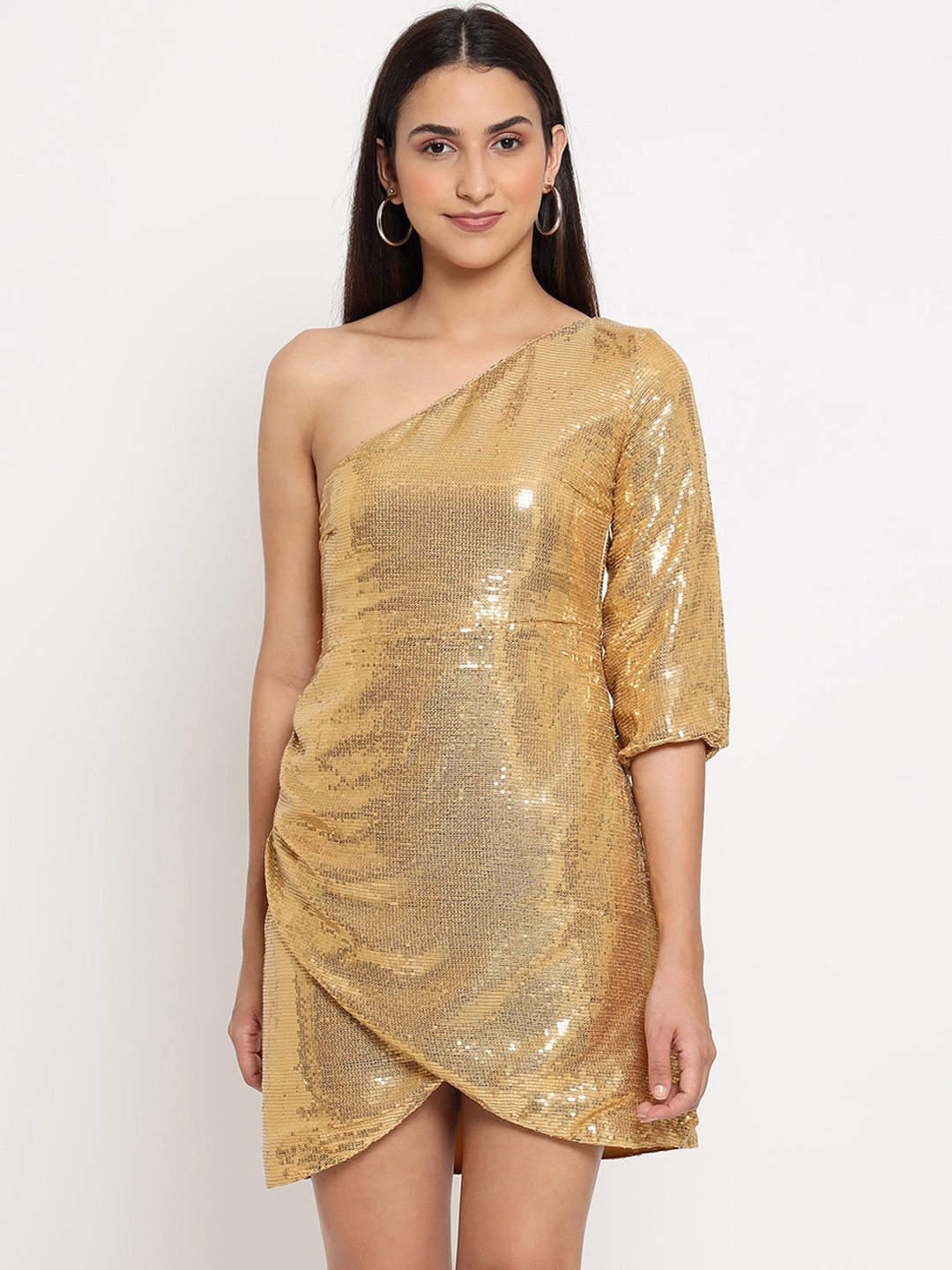 

MARC LOUIS Gold-Toned Embellished One Shoulder Georgette Sheath Dress