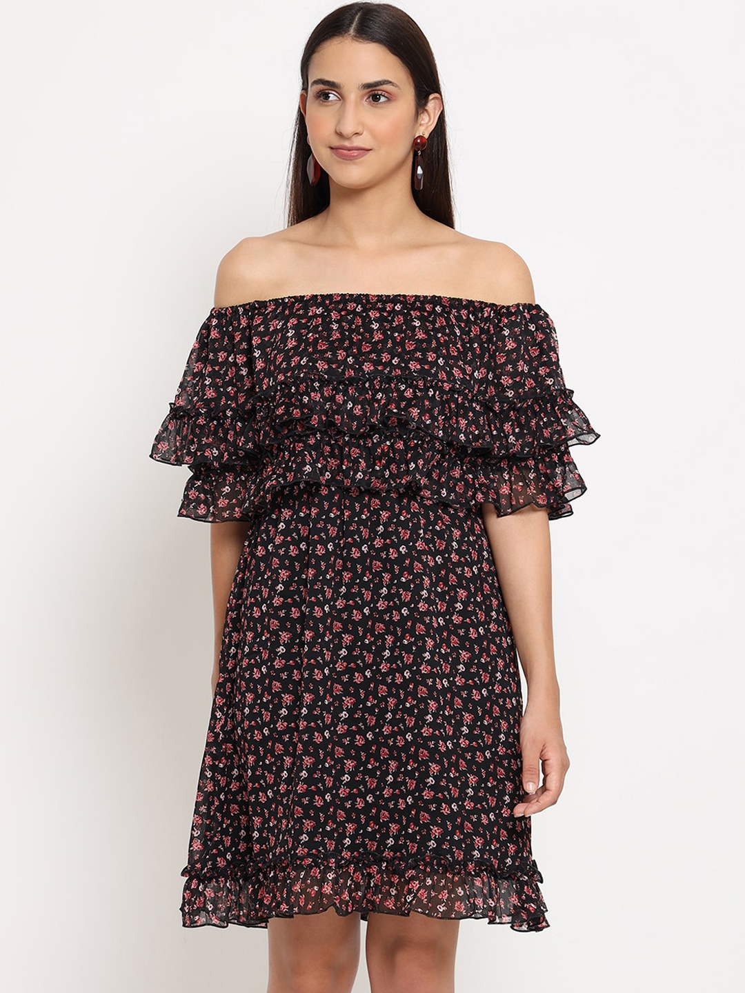 

MARC LOUIS Black Floral Off-Shoulder Chiffon Dress