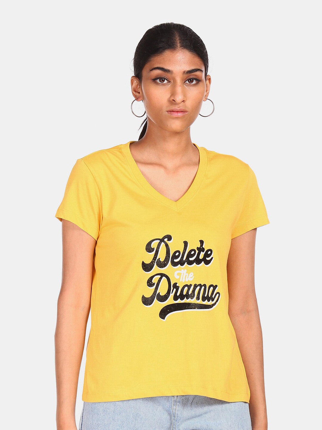 

Flying Machine Women Yellow Typography Printed V-Neck Raw Edge T-shirt