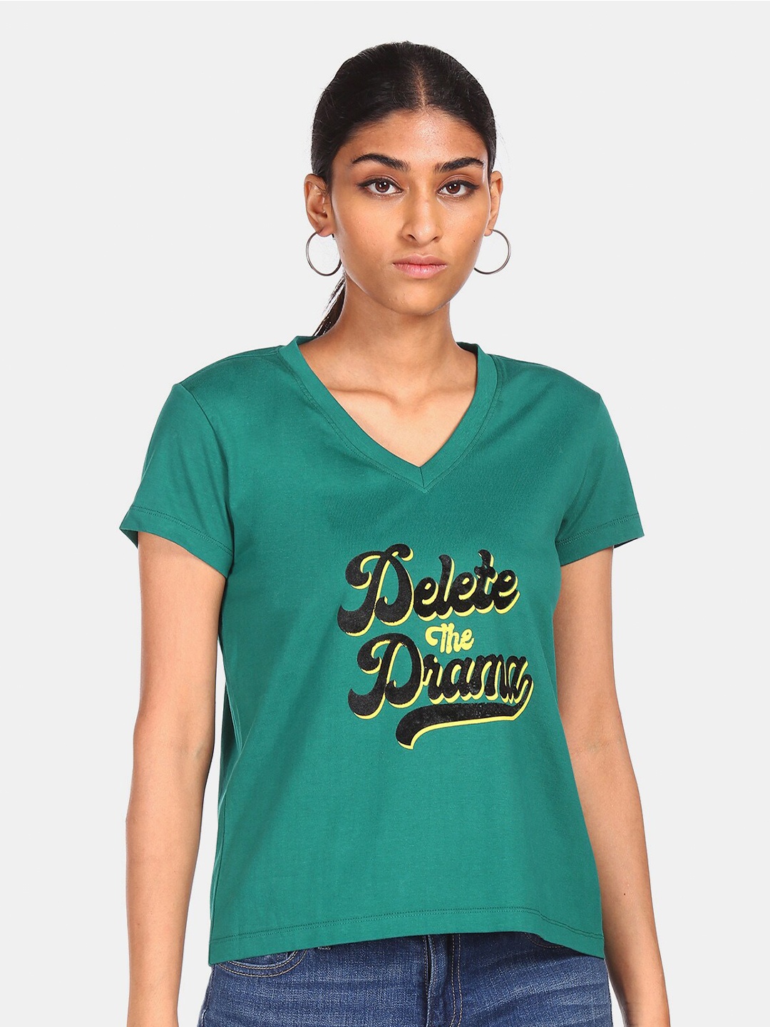 Flying Machine Women Green Typography Printed V-Neck T-shirt