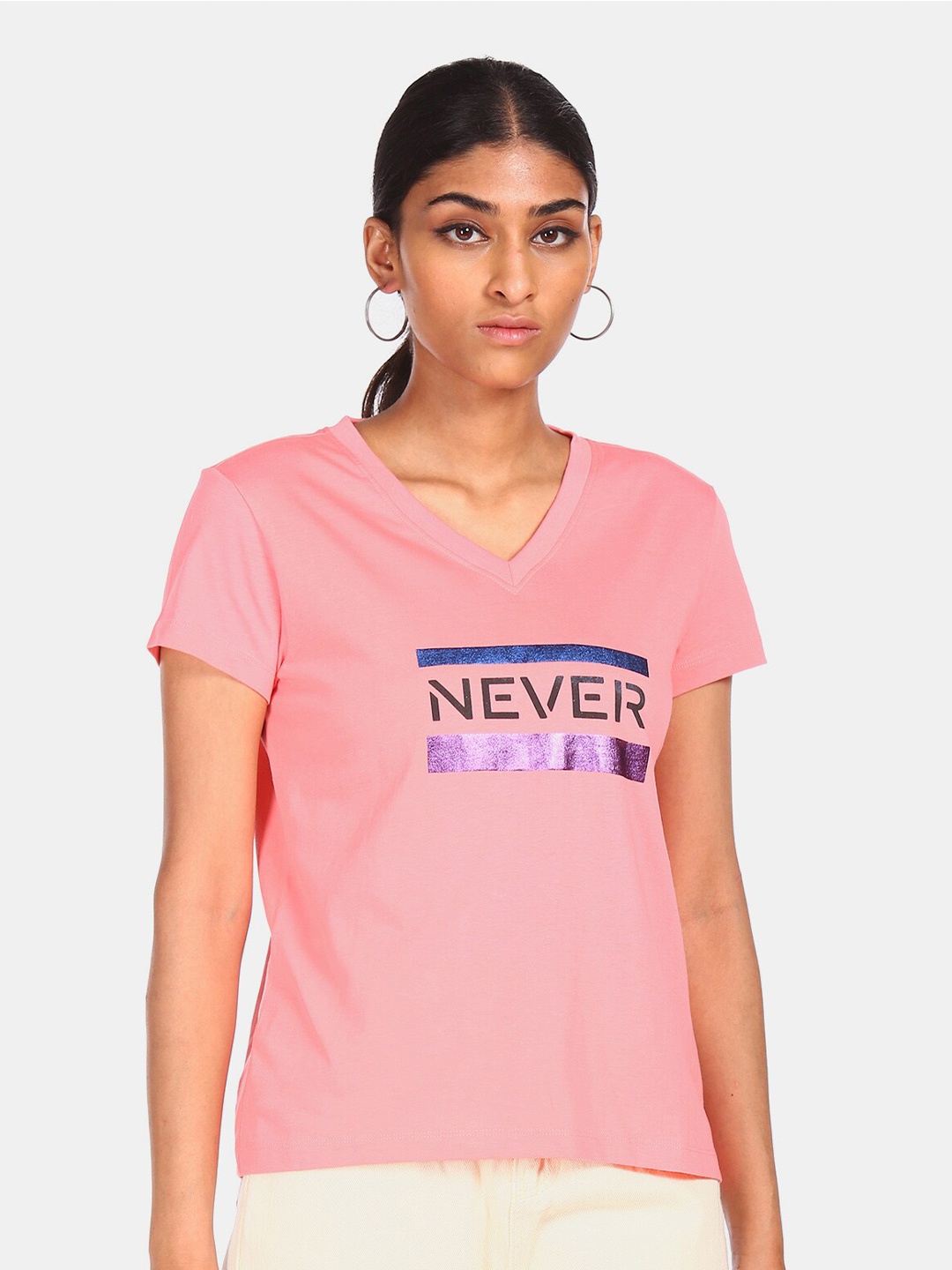 

Flying Machine Women Pink Typography V-Neck T-shirt