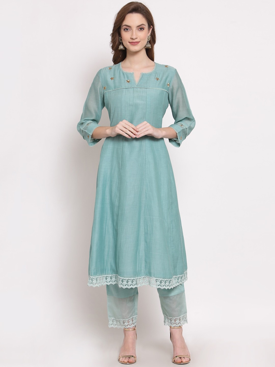

DART STUDIO Women Turquoise Blue Thread Work Chanderi Silk Chanderi Silk Kurta