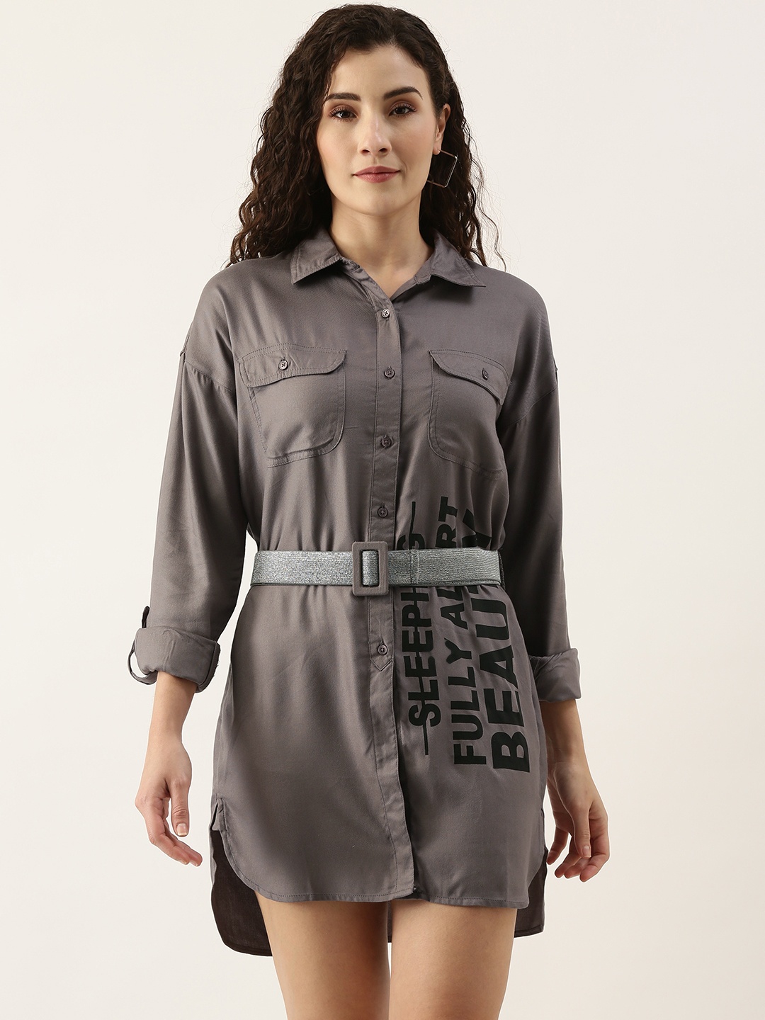 

FOREVER 21 Women Grey & Black Printed Roll-Up sleeves Shirt Dress