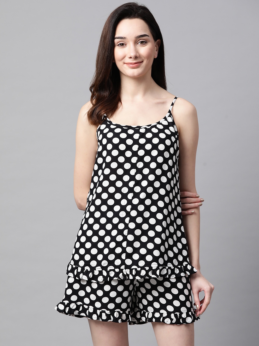 

Meeranshi Women Black & White Pure Cotton Polka Dots Print Nightsuit