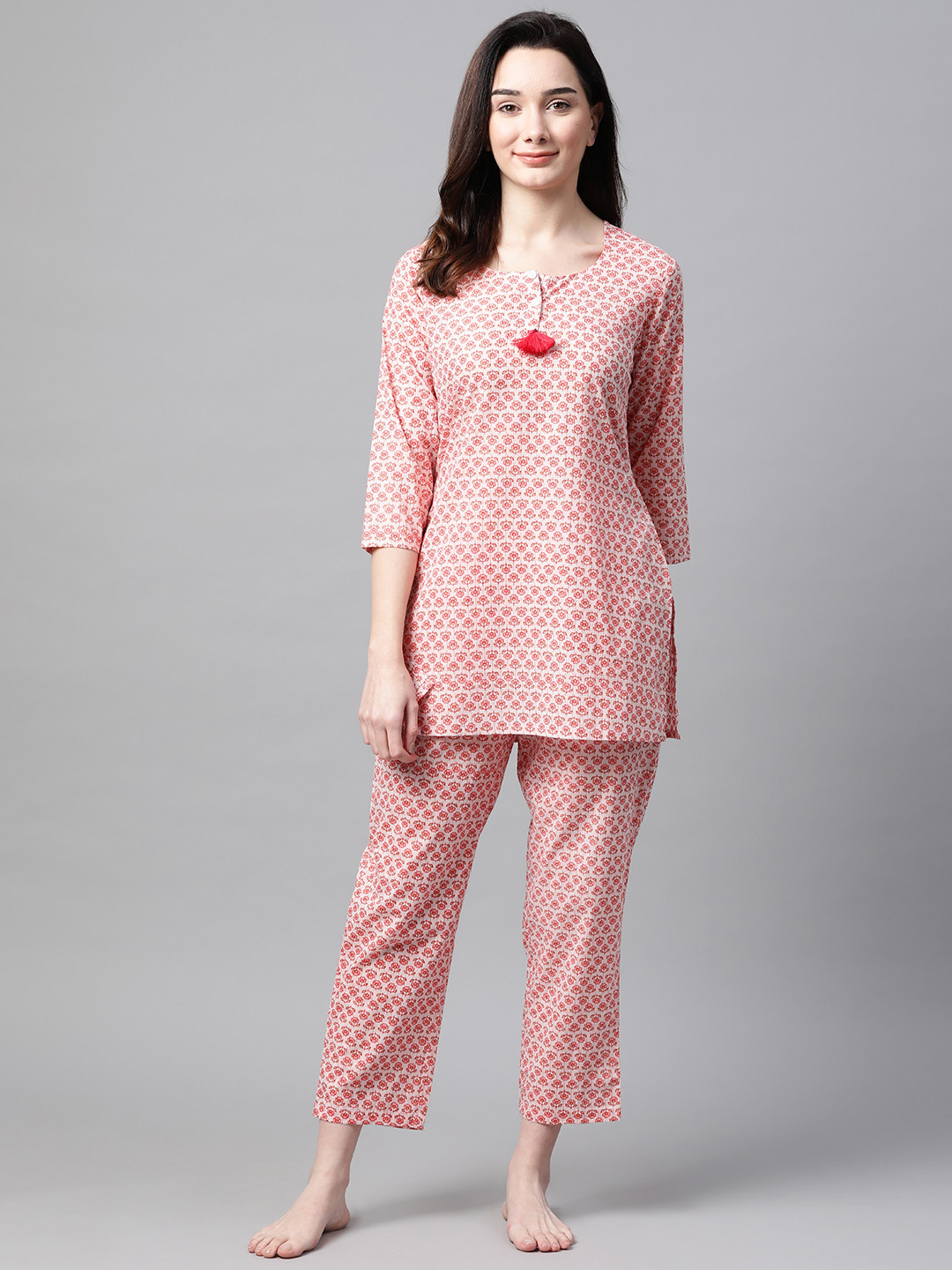 

Meeranshi Women Pink & Beige Floral Print Cotton Pyjama Set