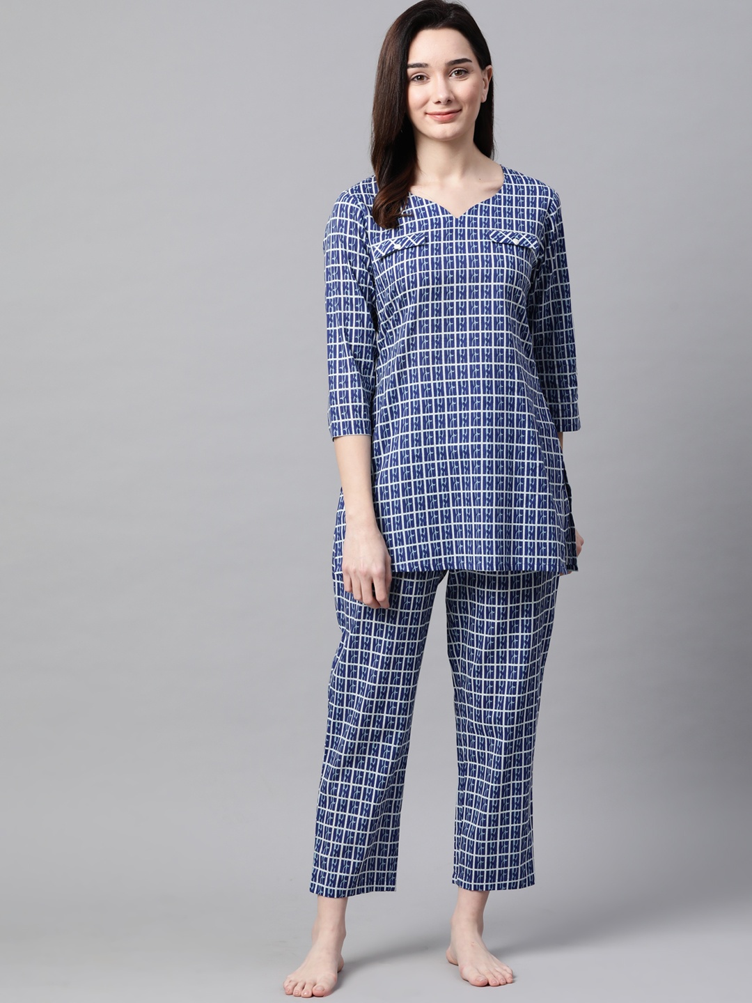 

Meeranshi Women Blue Pure Cotton Checked Nightsuit