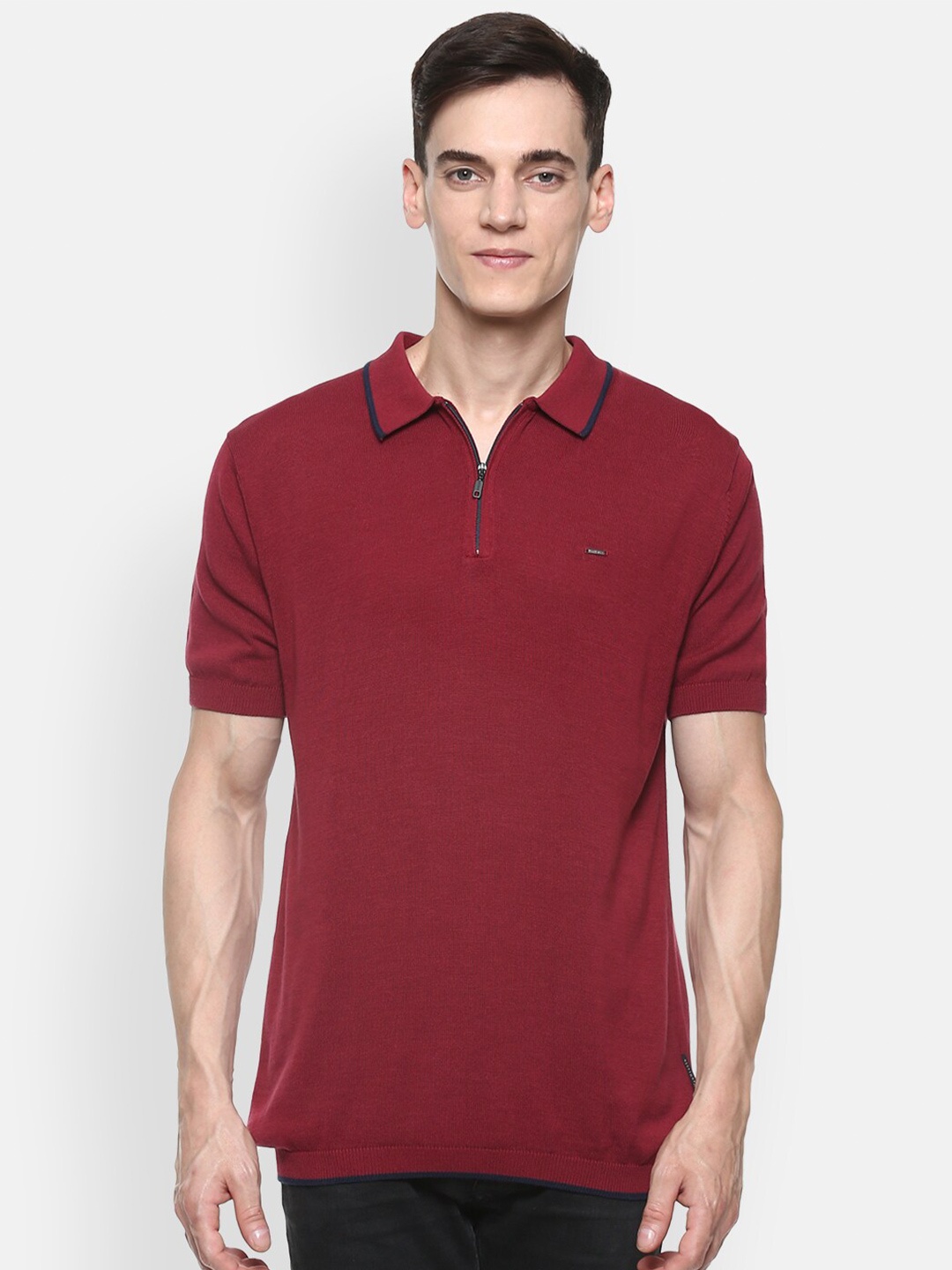 

Van Heusen Men Maroon & Black Solid Polo Collar T-shirt