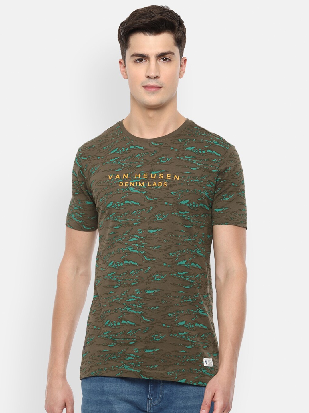 

VAN HEUSEN DENIM LABS Men Olive Green Printed T-shirt