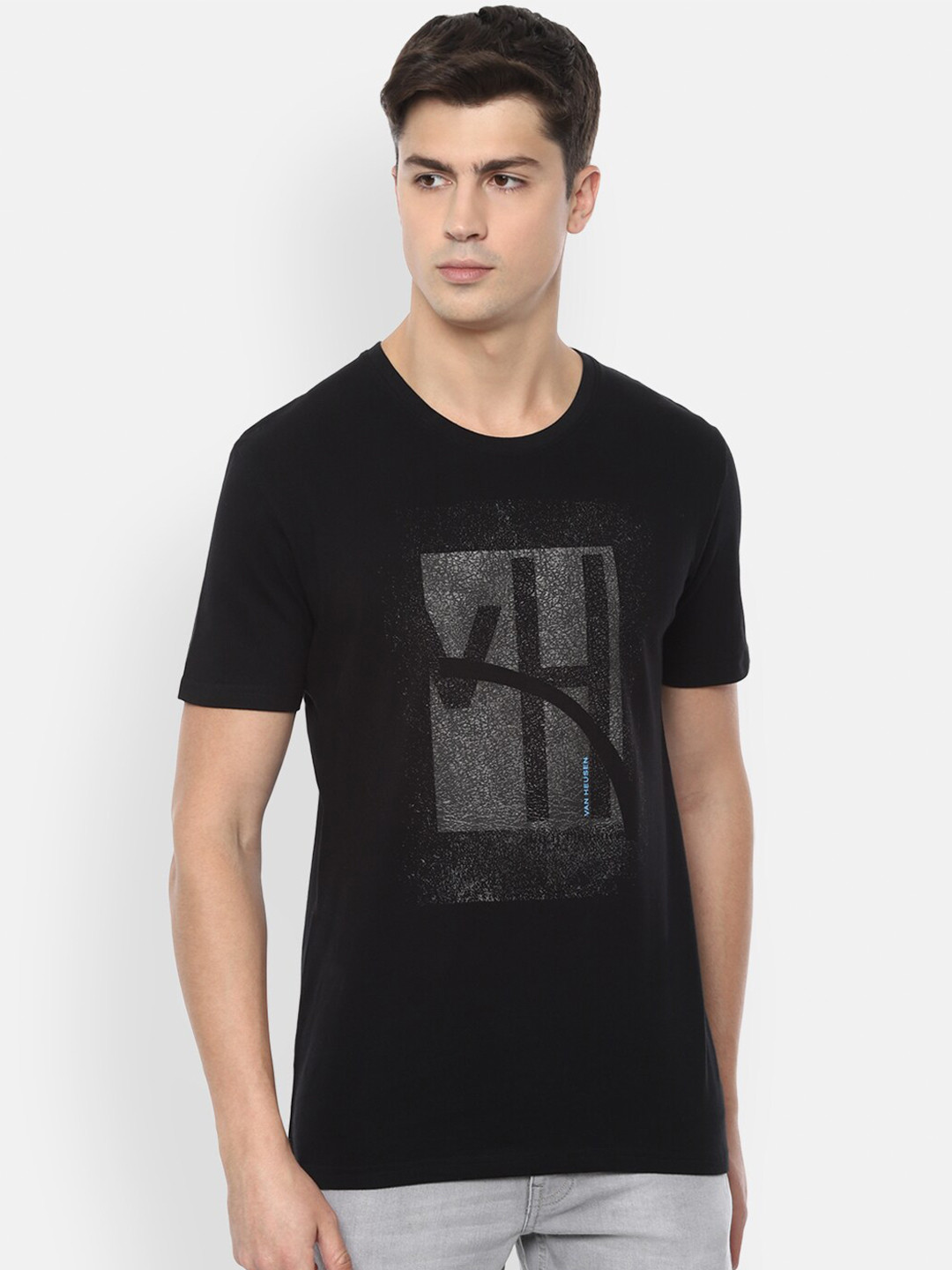 

VAN HEUSEN DENIM LABS Men Black Cotton Typography Printed Applique T-shirt