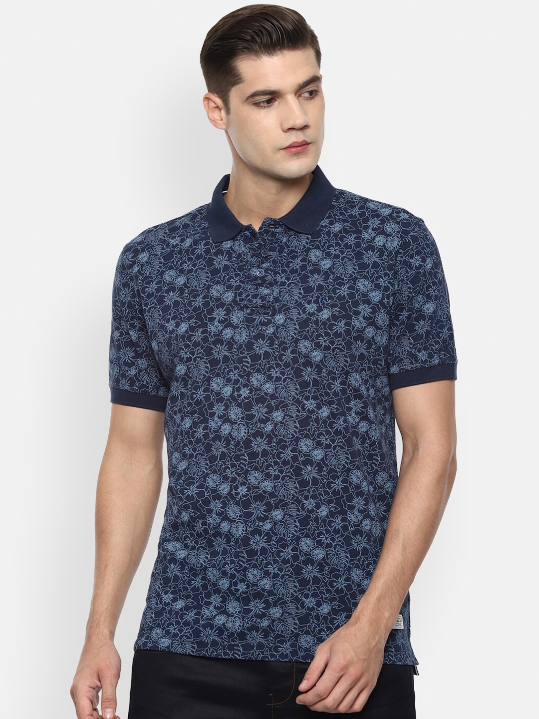 

VAN HEUSEN DENIM LABS Men Navy Blue Printed Polo Collar T-shirt
