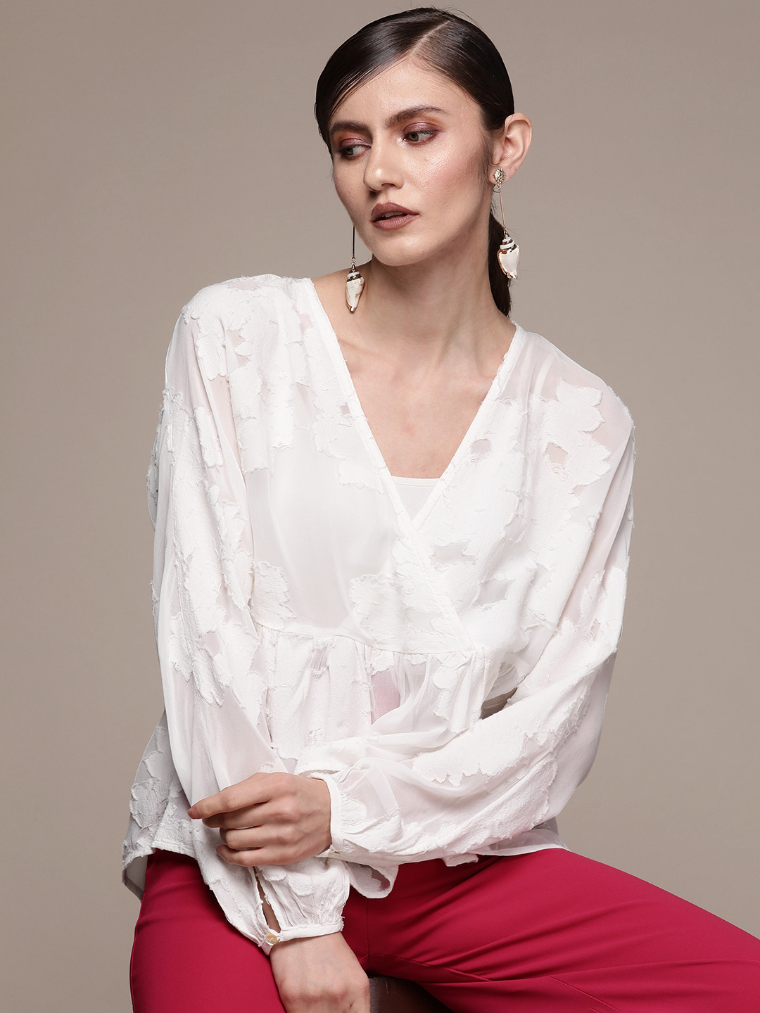 

Label Ritu Kumar White Floral Peplum Top
