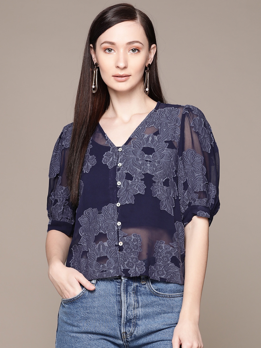 

Label Ritu Kumar Blue Floral Regular Crop Top With Camisole