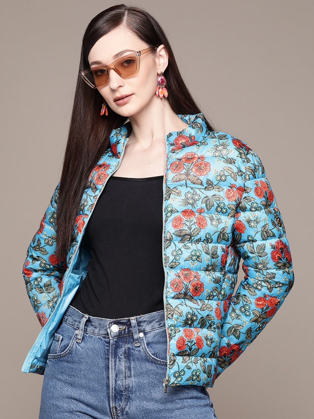 

Label Ritu Kumar Women Blue Floral Puffer Jacket