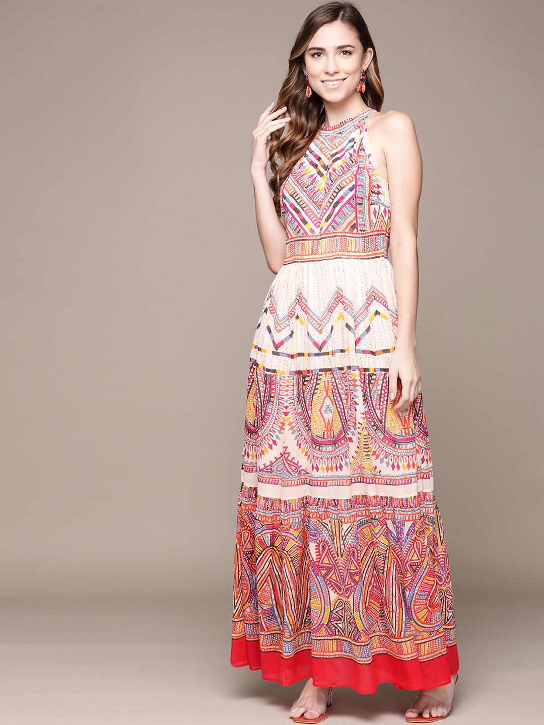 

Label Ritu Kumar Off White & Red Ethnic Motifs Halter Neck Maxi Dress