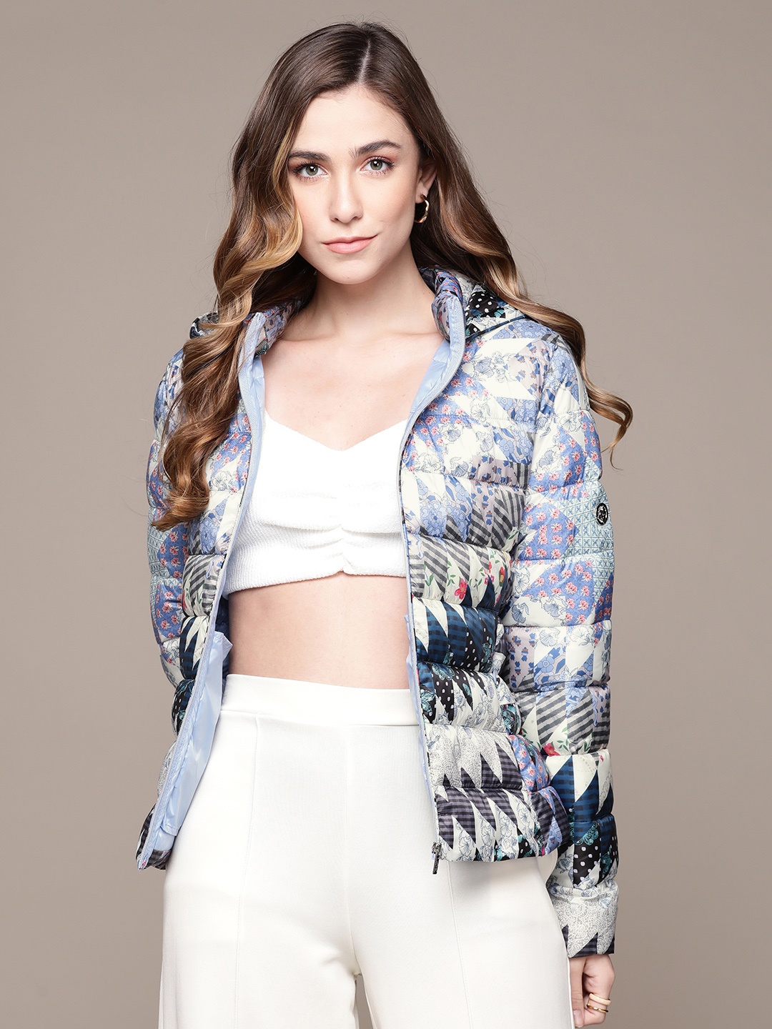 

Label Ritu Kumar Women Blue Cream-Coloured Puffer Jacket