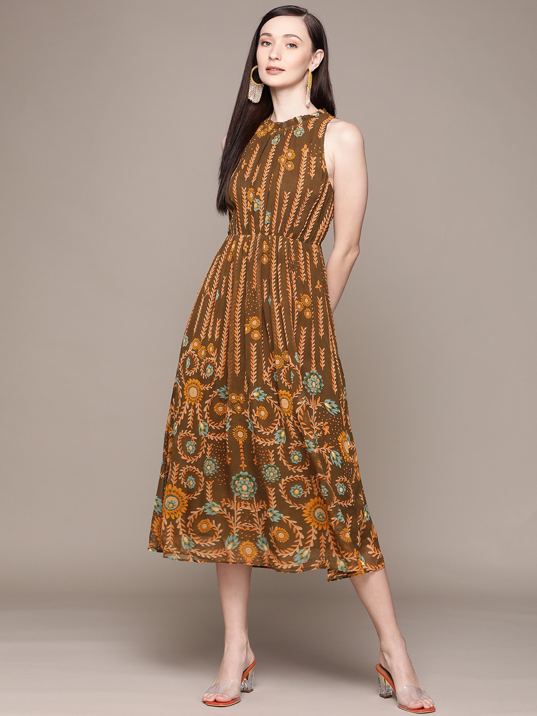 

Label Ritu Kumar Brown Floral Georgette Midi Dress
