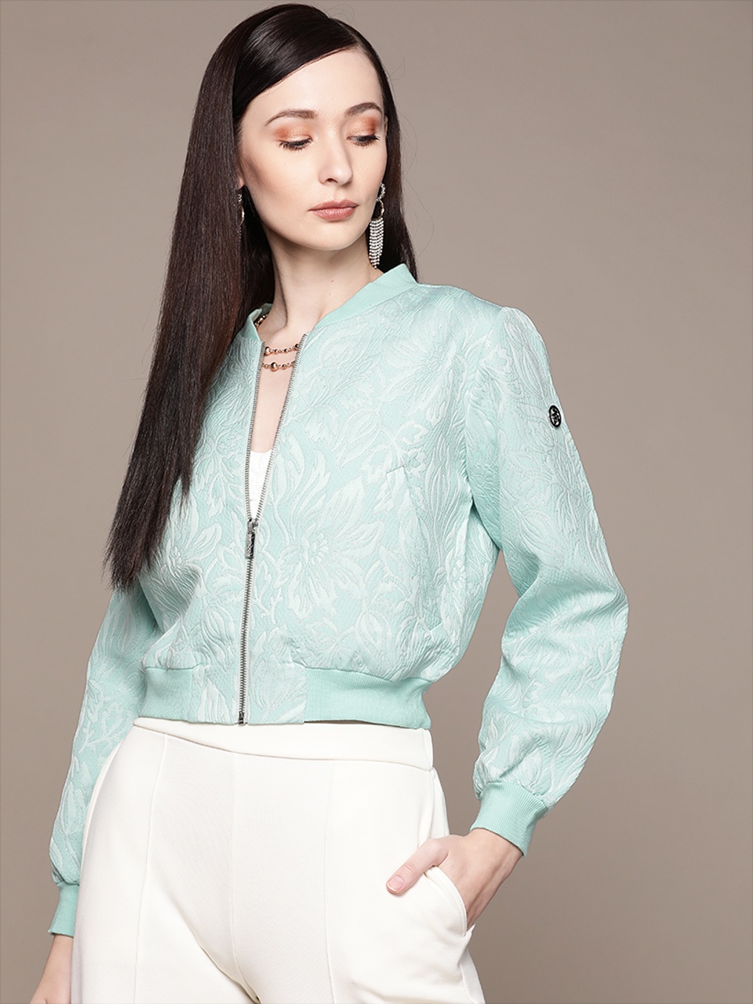 

Label Ritu Kumar Women Green Floral Crop Bomber Jacket