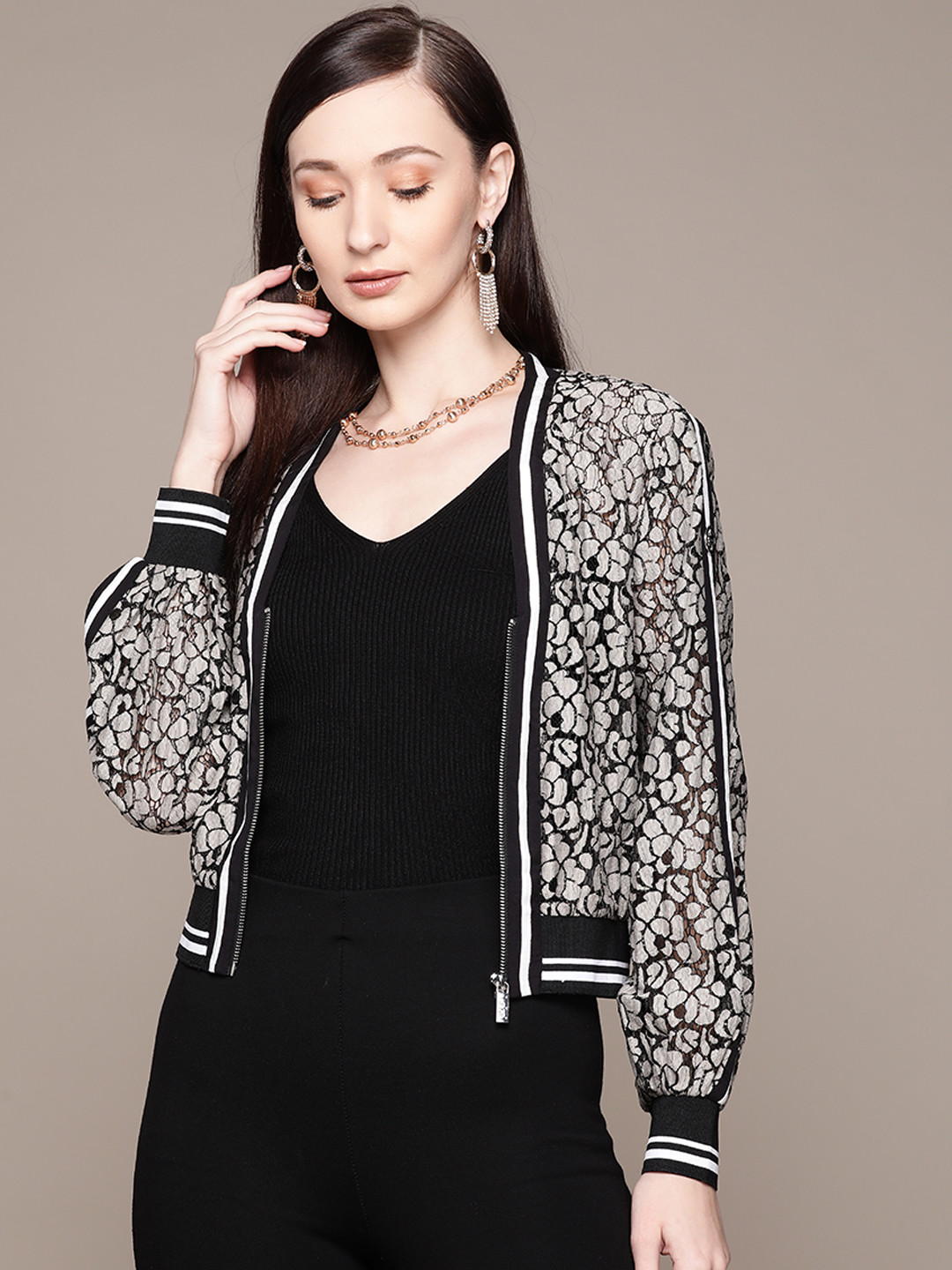 

Label Ritu Kumar Women Black White Floral Crop Tailored Jacket