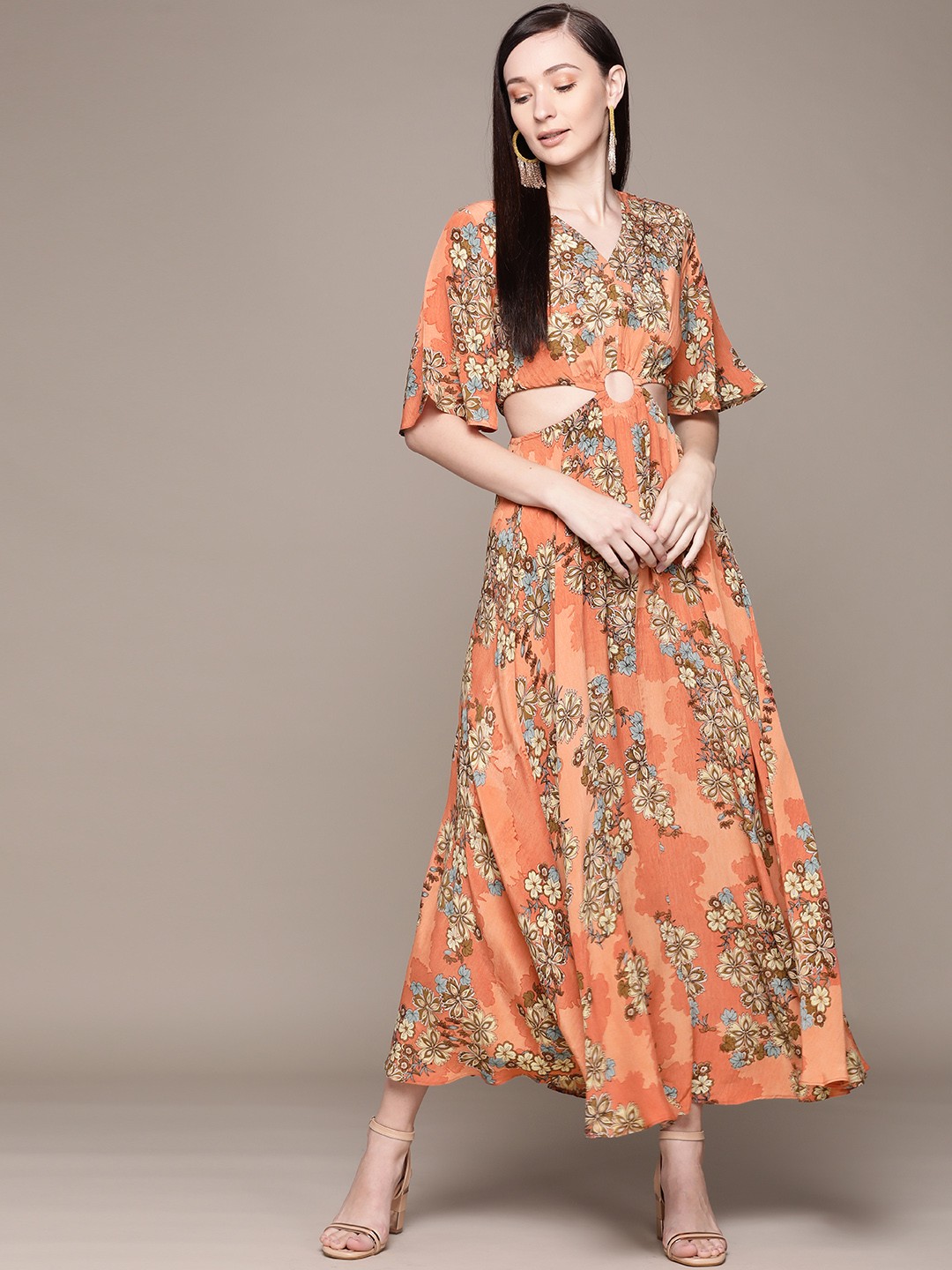 

Label Ritu Kumar Peach-Coloured Floral Crepe Maxi Dress