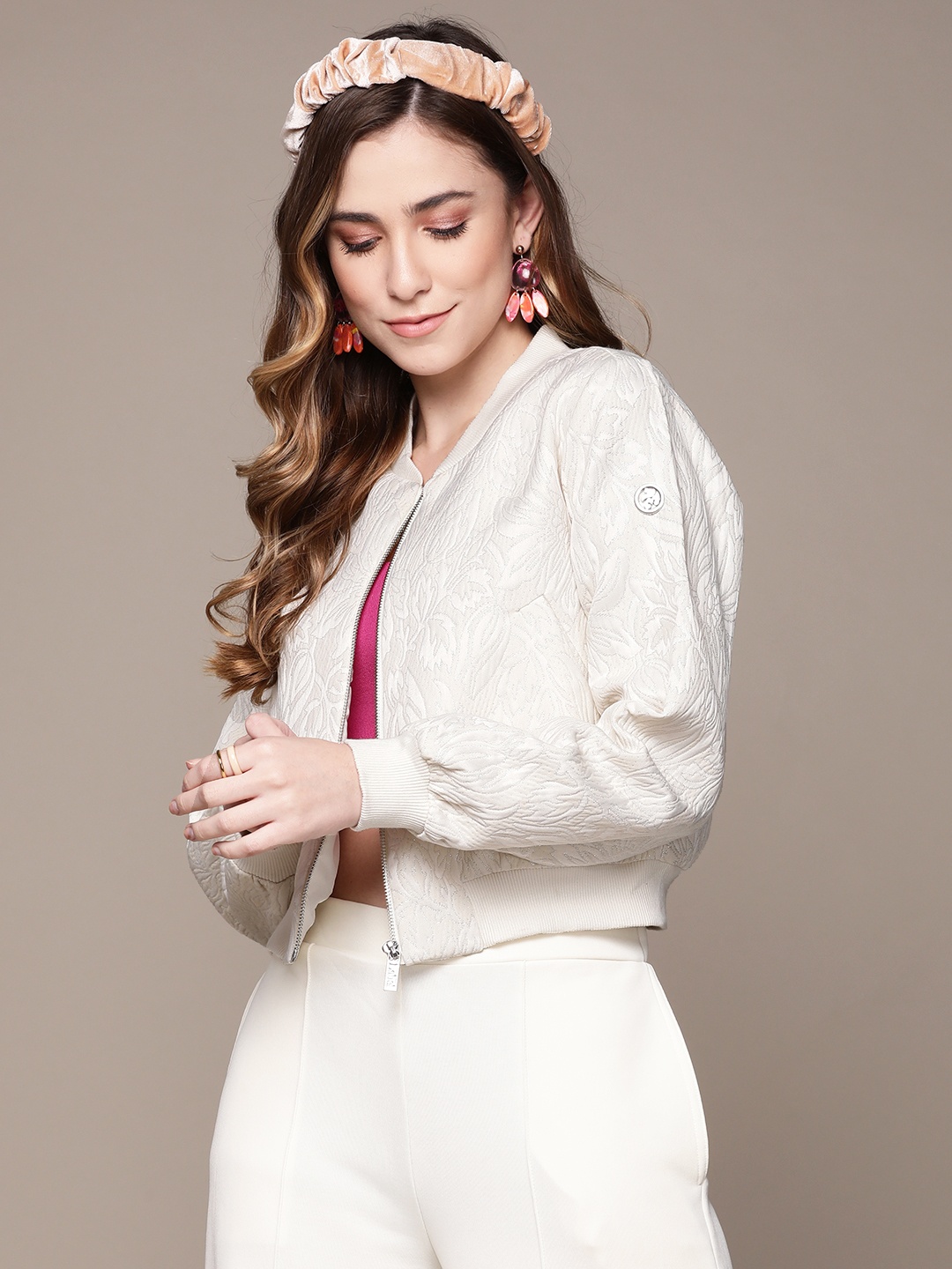 

Label Ritu Kumar Women White Floral Crop Bomber Jacket