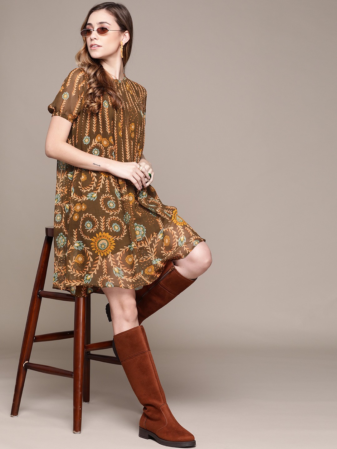 

Label Ritu Kumar Brown Floral Georgette A-Line Dress With Camisole