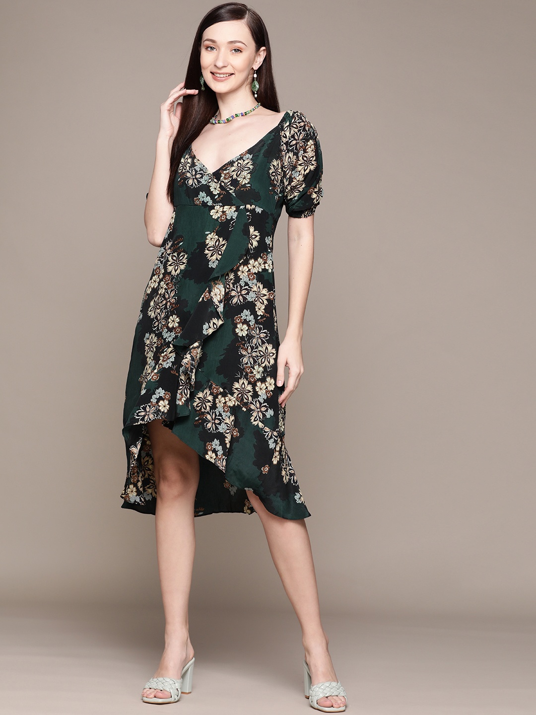 

Label Ritu Kumar Green Floral Crepe Dress