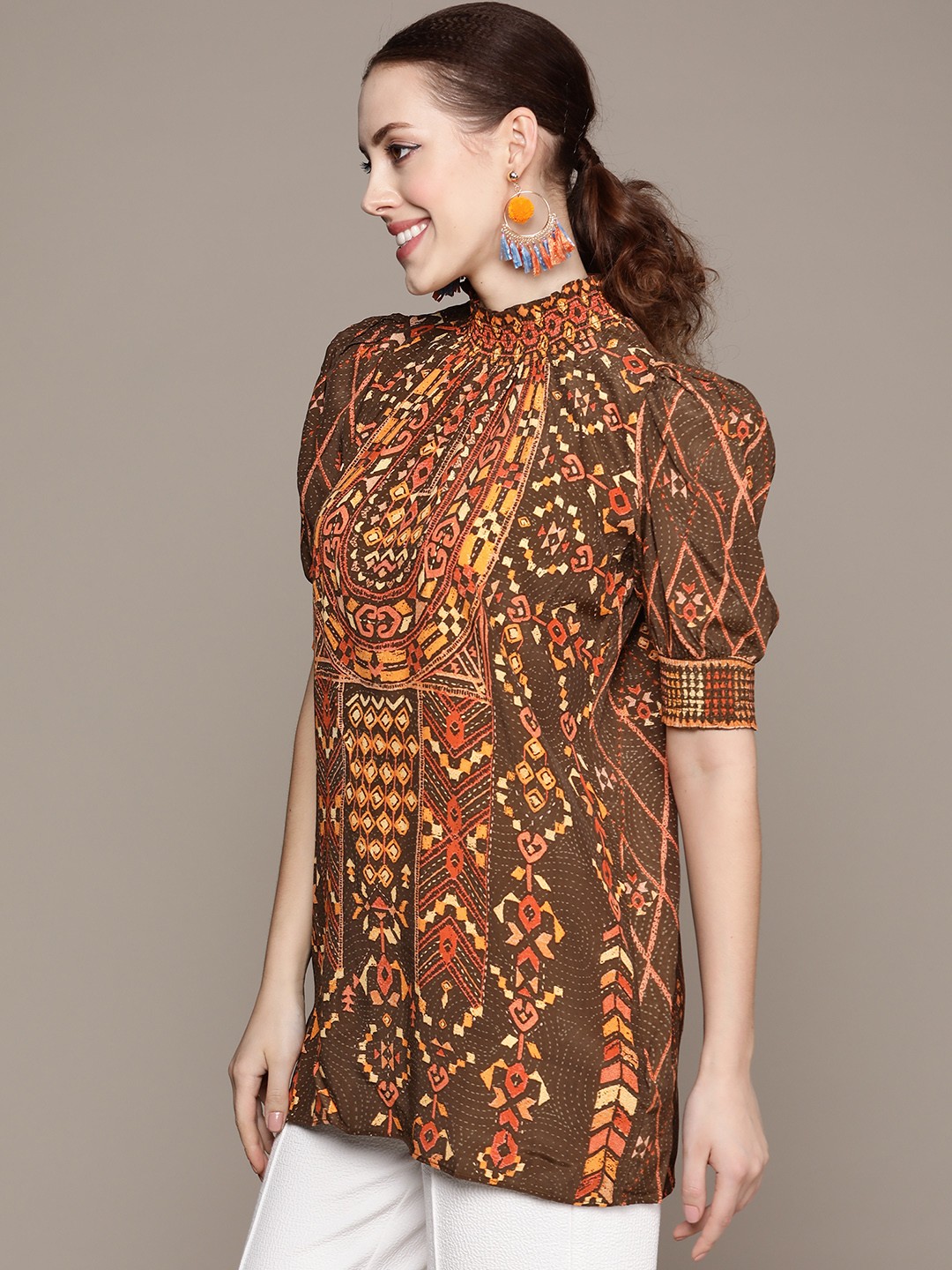 

Ritu Kumar Women Brown & Mustard Yellow Ethnic Motifs Printed Smocked Pure Crepe Kurti