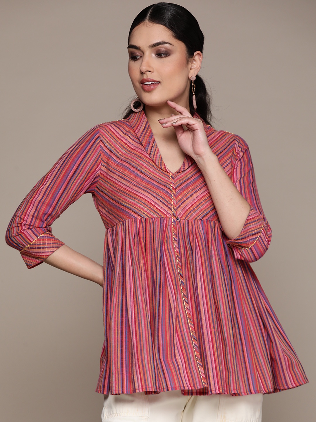 

Ritu Kumar Pink Striped V-Neck Pure Cotton Kurti