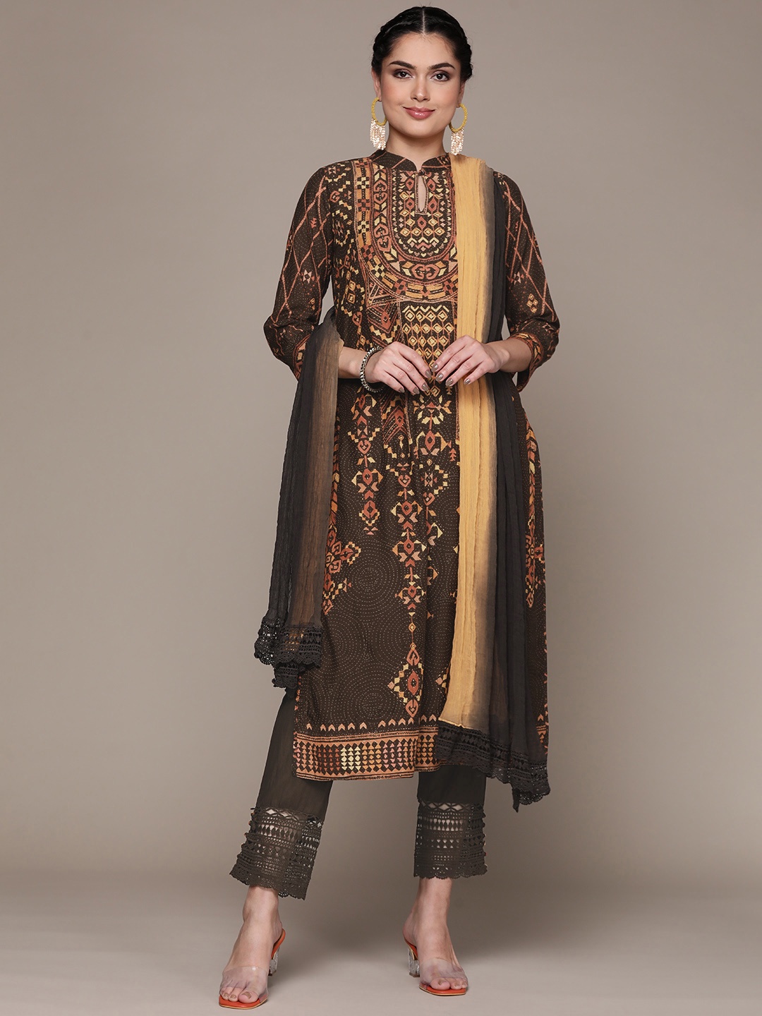 

Ritu Kumar Women Brown Printed Regular Kurta with Trousers & With Dupatta
