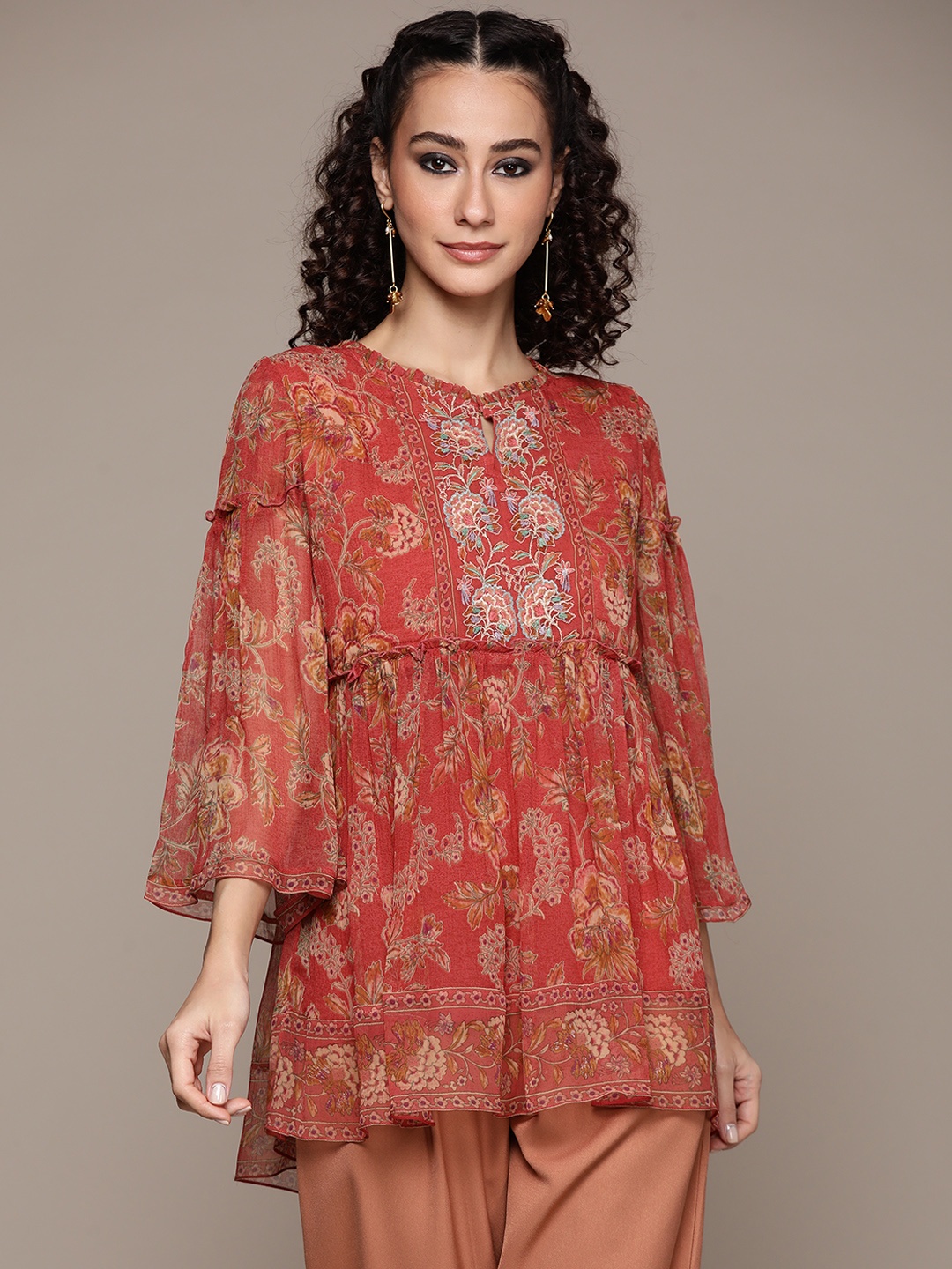 

Ritu Kumar Pink Floral Printed Pure Chiffon Kurti With Camisole