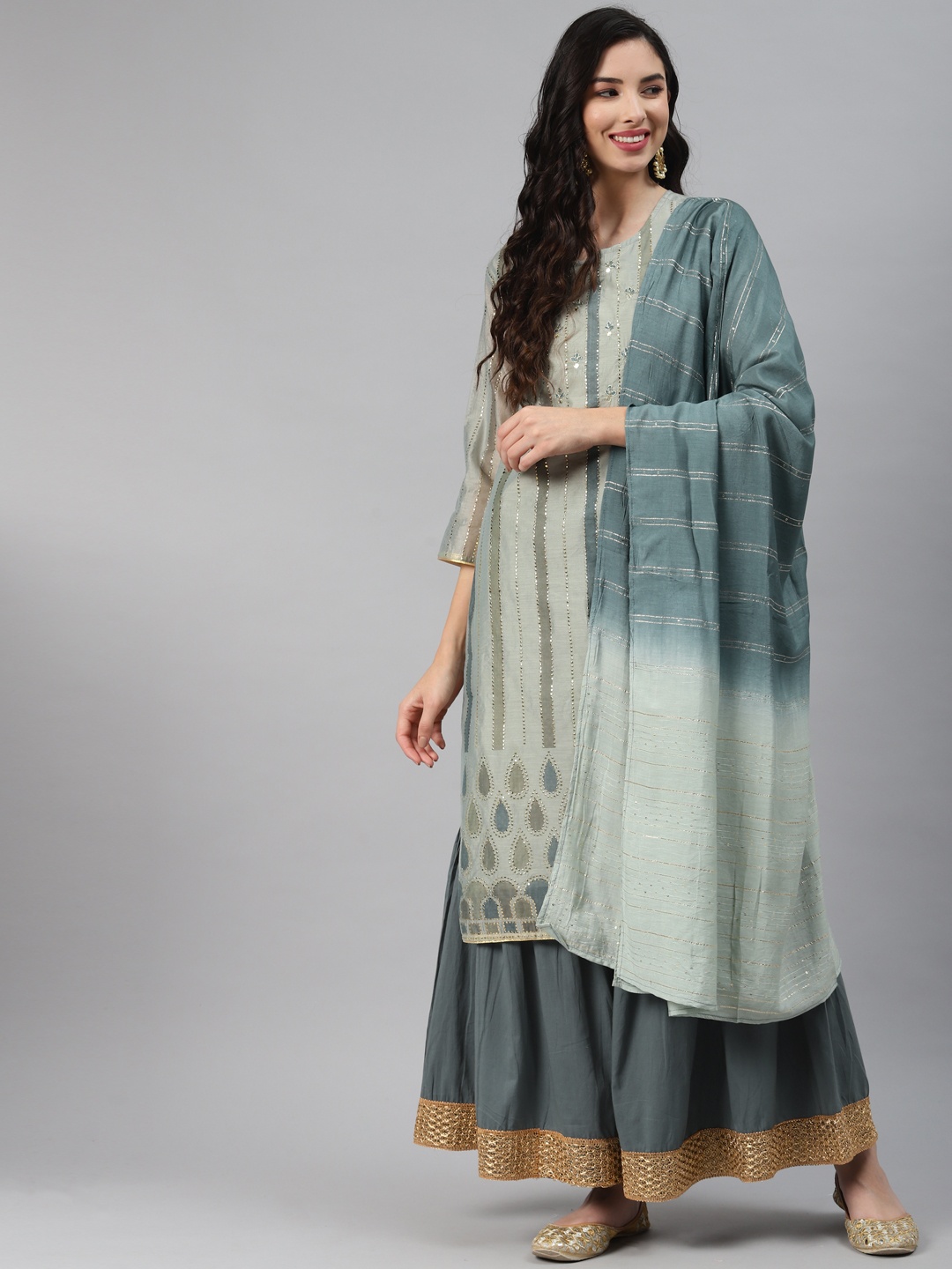 

Silai Bunai Women Grey Printed Regular Chanderi Silk Kurta with Palazzos & With Dupatta