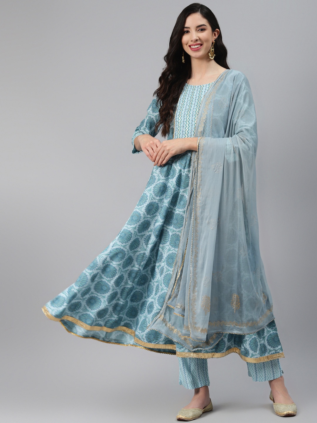 

Silai Bunai Women Blue Regular Pure Cotton Kurta with Palazzos & With Dupatta