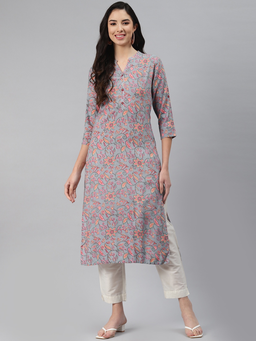 

Silai Bunai Women Grey & Pink Printed Kurta